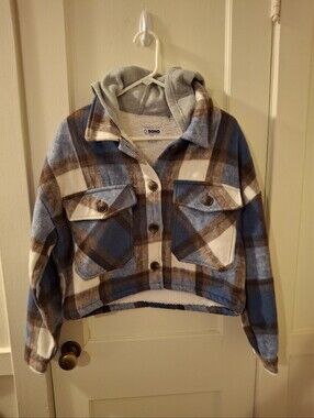 Ci Sono Blue, Brown & Cream Plaid Hooded Shacket